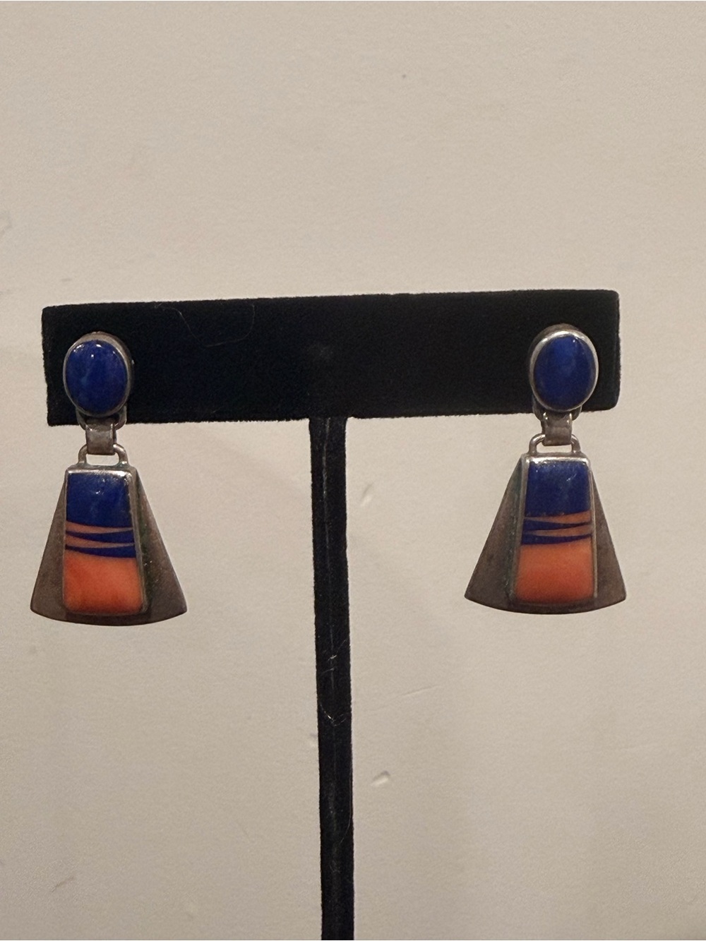 Signed MTT © Sterling Silver Lapis & Coral Inlay Drop Earrings | Southwestern